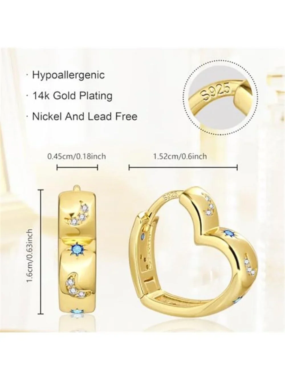 14K Gold Plated Heart Hoop Earrings for Women Trendy Huggie Star Moon Zirconia